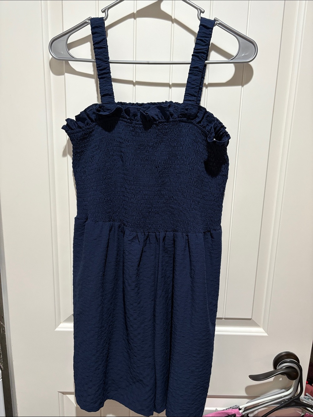 Lime Lush Smocked Navy Romper with Ruffled Neckline and Pockets